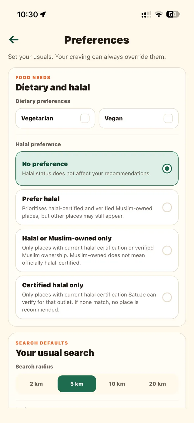 SatuJe dietary and halal preference settings